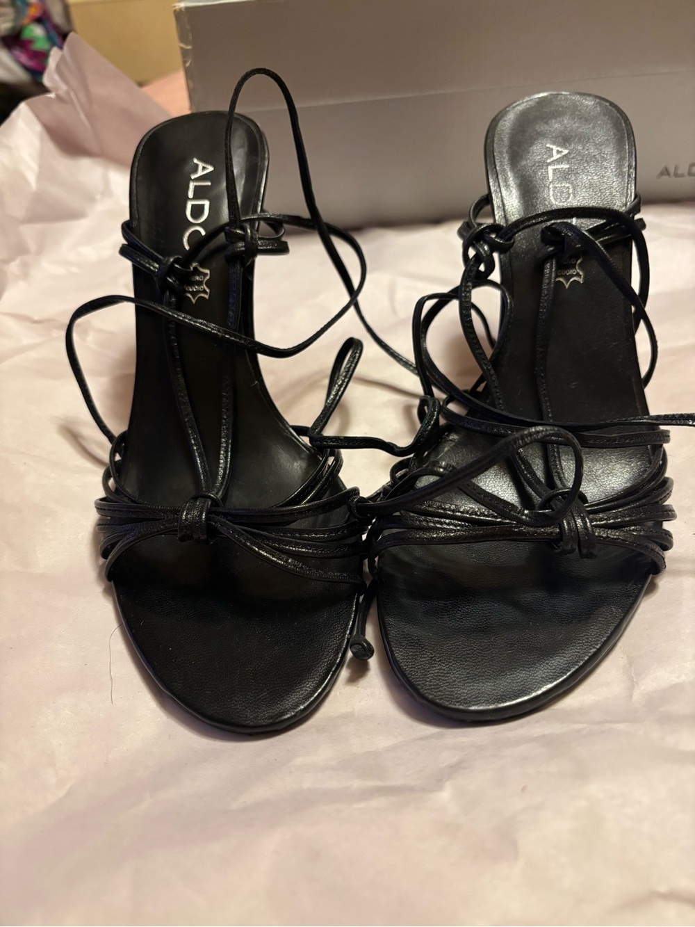 ALDO Black Strappy sandal with distinctive cork wedge heel